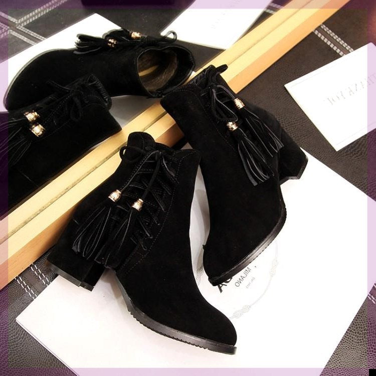 Plush High Heel Suede Ankle Boots with Tassels in 3 Colors