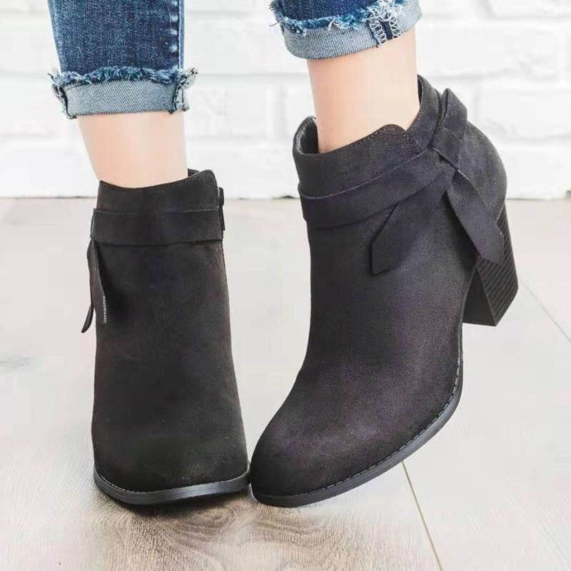 Suede Block Heel Ankle Boots with Side Zipper