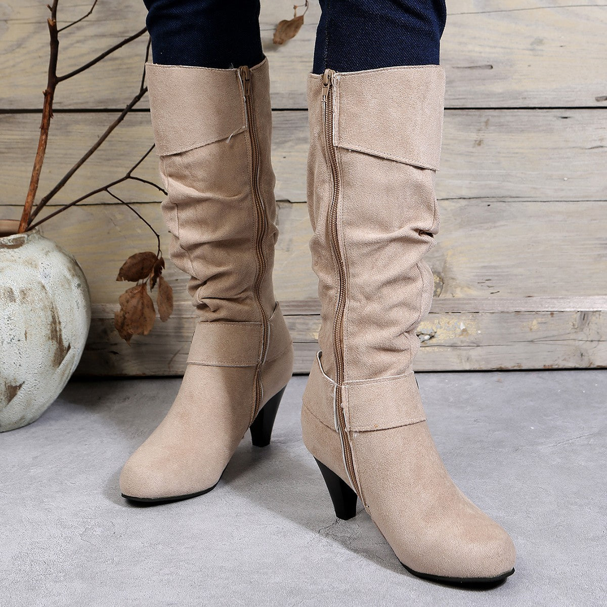 High Heel Belt Buckle Mid-Calf Boots