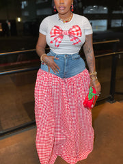 Bow Tie Print Top Denim Plaid Wide-Leg Pants Sets