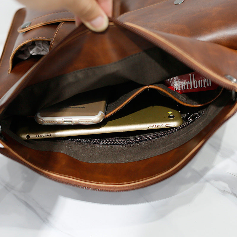 Men's Brown PU Leather Shoulder Messenger Bag with Zipper