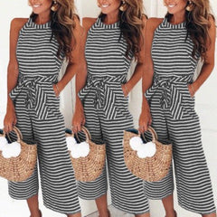 Sleeveless Cropped Wide Leg Striped Jumpsuit with Pockets in 5 Colors S-XXL