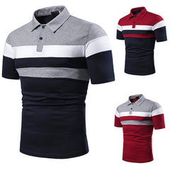 Men's Striped Colorblock Short Sleeve Top with Lapel in 3 Colors S-3XL