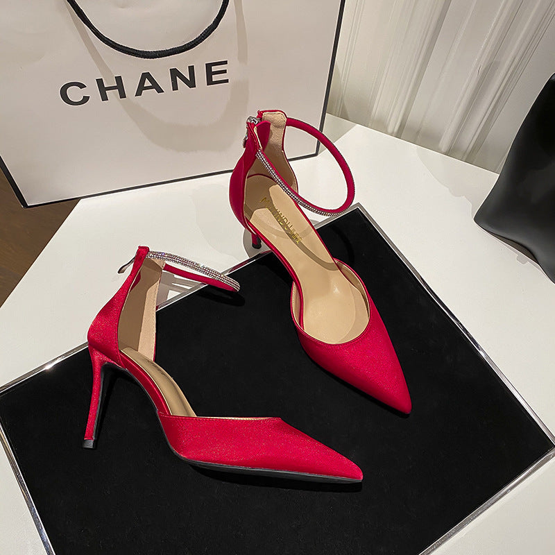 Satin Stilettos with Pointed Toe and Ankle Strap