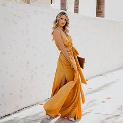 Robe longue sans manches à col en V avec lien à la taille, disponible en 3 couleurs, tailles S à XL