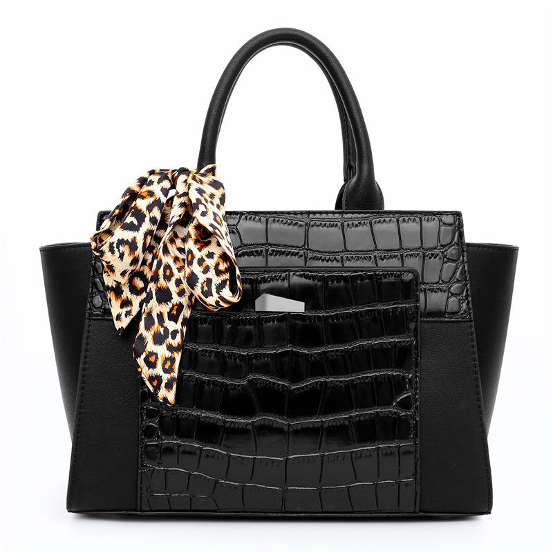 Crocodile Pattern Hand Shoulder Bag with Tied Leopard Silk Scarf in 9 Colors