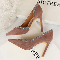 Wildleder High Heels mit spitzer Spitze und Strass in 6 Farben
