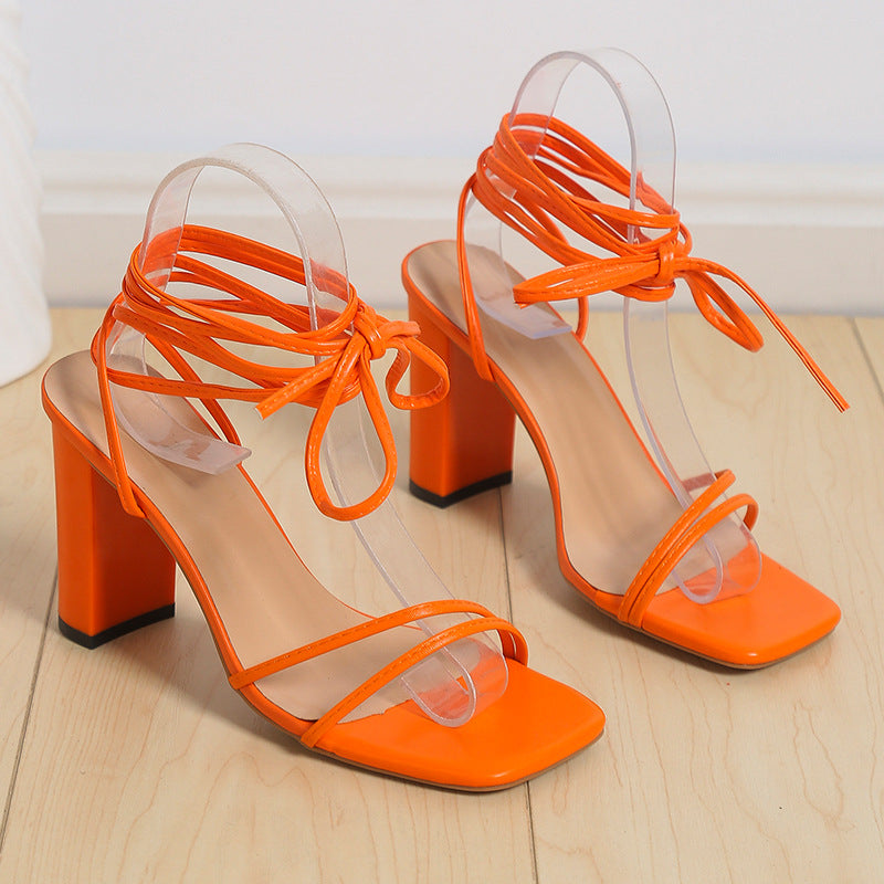 Lace Up Strappy Sandals with Chunky High Heel and Square Toe in 3 Colors