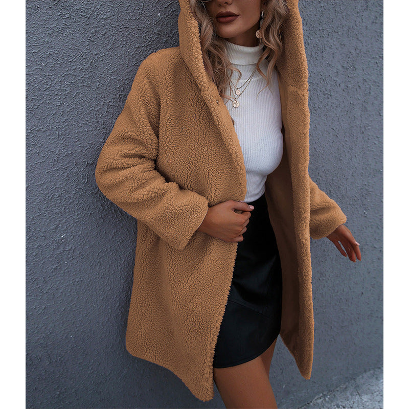 Hooded Mid-Length Plush Coat in 2 Colors S-XL