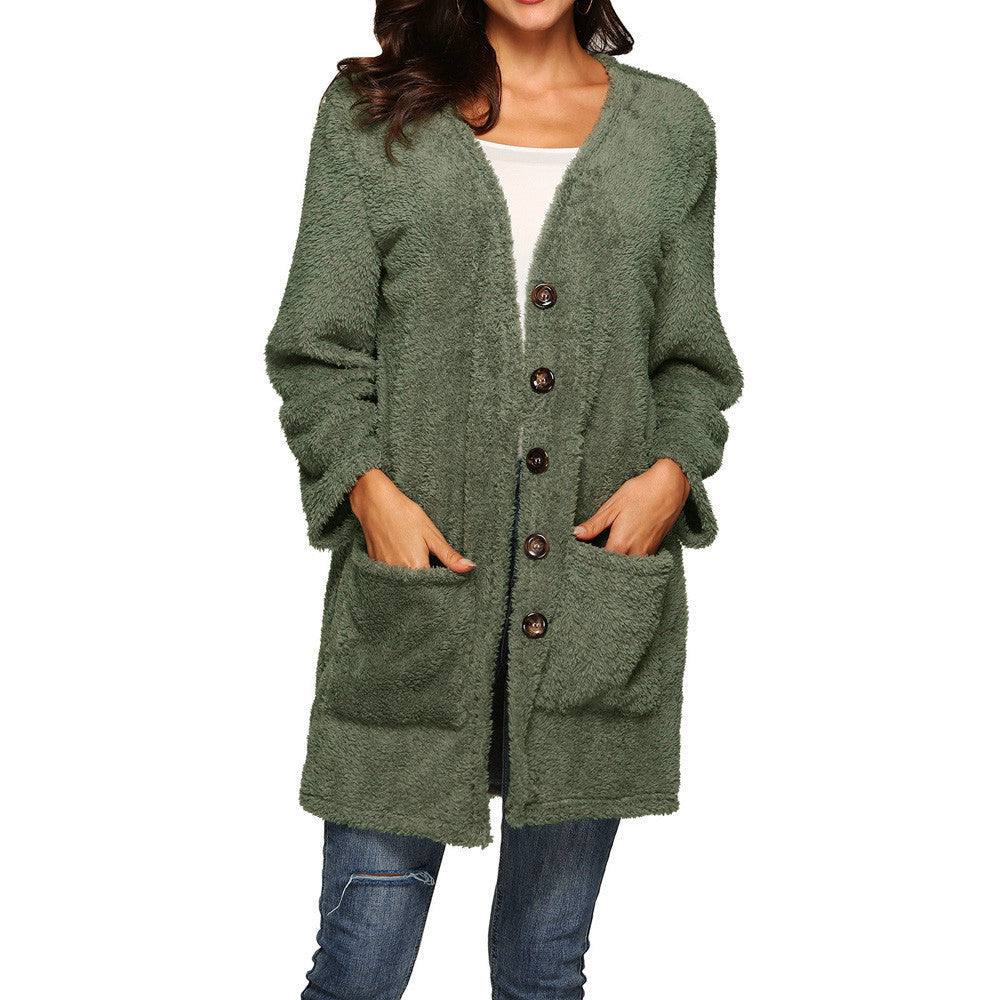 Mittellanger Plüsch-Cardigan mit Taschen in 8 Farben S-5XL