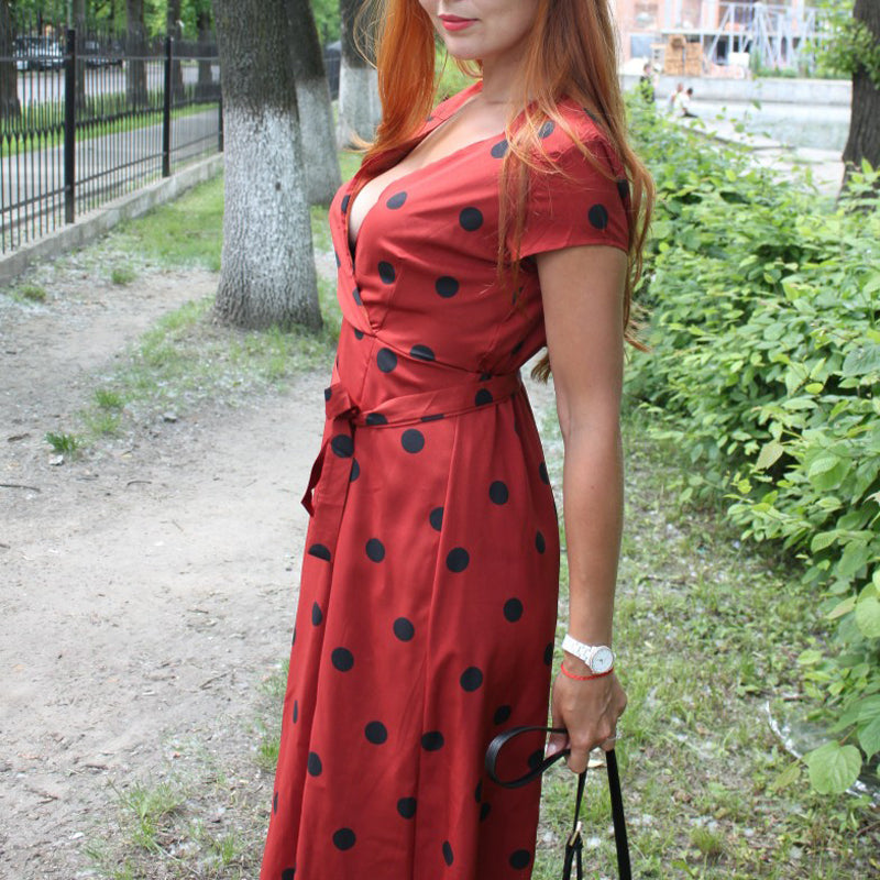 Short Sleeve V-Neck Polka Dot Dress with Waist Tie in 3 Colors S-XL