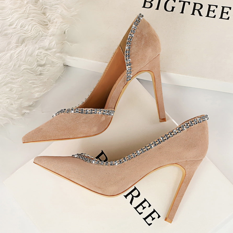 Wildleder High Heels mit spitzer Spitze und Strass in 6 Farben