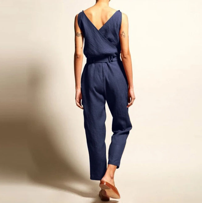 V-Neck Sleeveless Cropped Jumpsuit with Pockets
