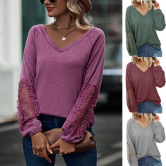 V-Neck Long Sleeve Top with Lace Detail in 5 Colors Sizes 4-20