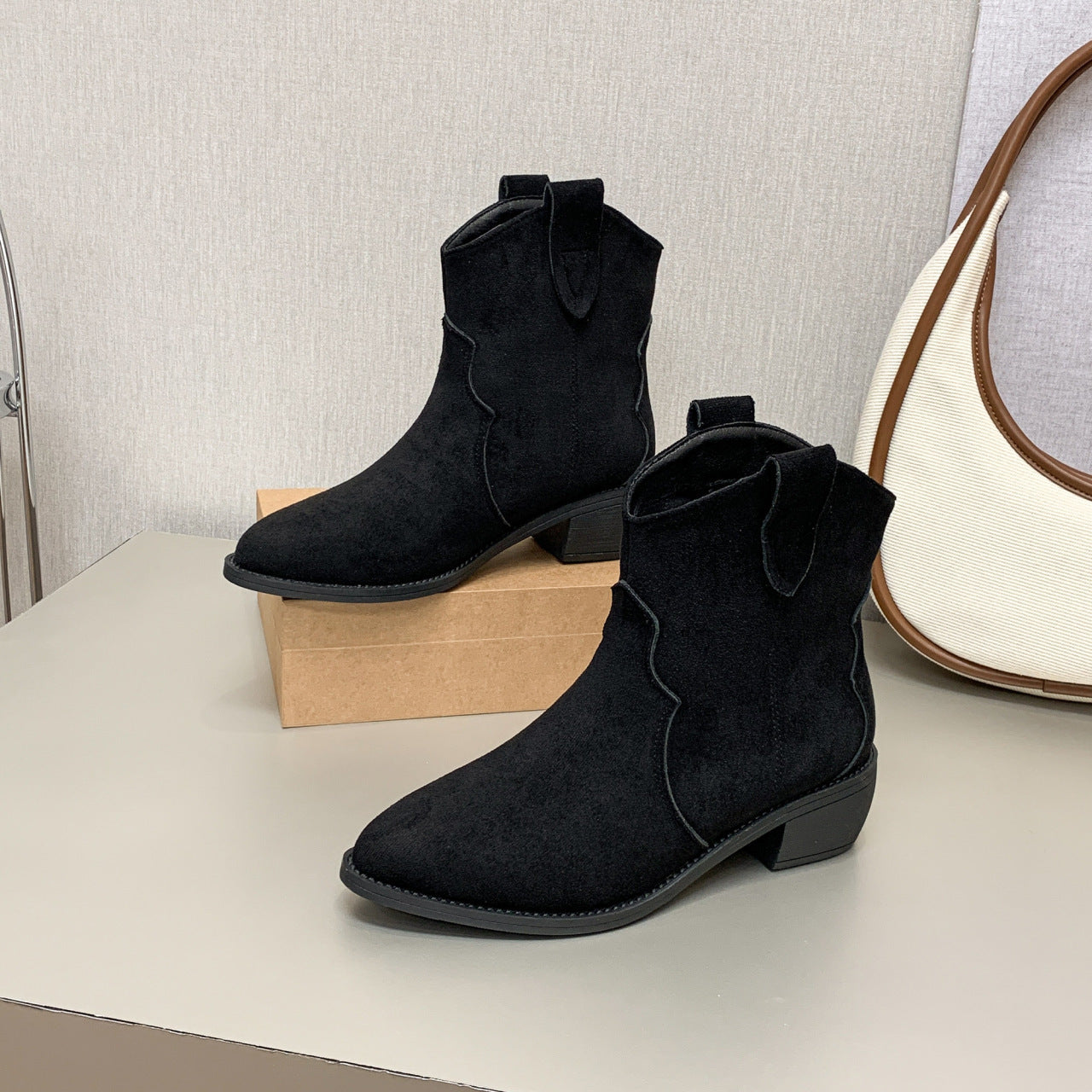 Suede Short Cowboy Boots with Pointed Toe