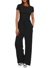 Short Sleeve Top with Matching Drawstring Wide-Leg Pants
