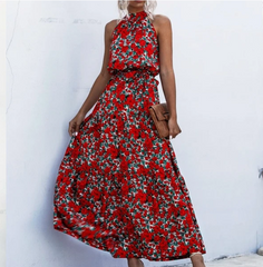 Sleeveless Halter Neck Maxi Dress with Waist Tie in 10 Colors S-XL