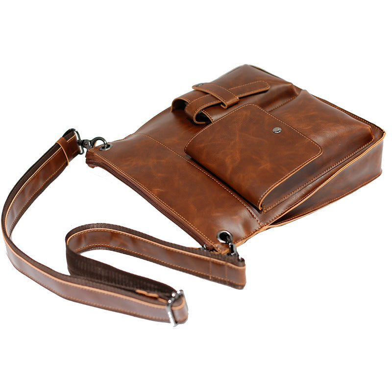 Men's Brown PU Leather Shoulder Messenger Bag with Zipper