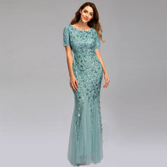 Elegant Short Sleeve Evening Gown with Chiffon and Lace Overlay