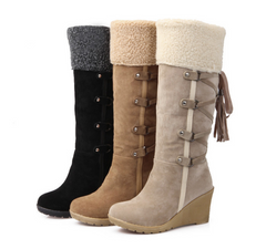 Suede Knee Length Boots with Wedge Heel