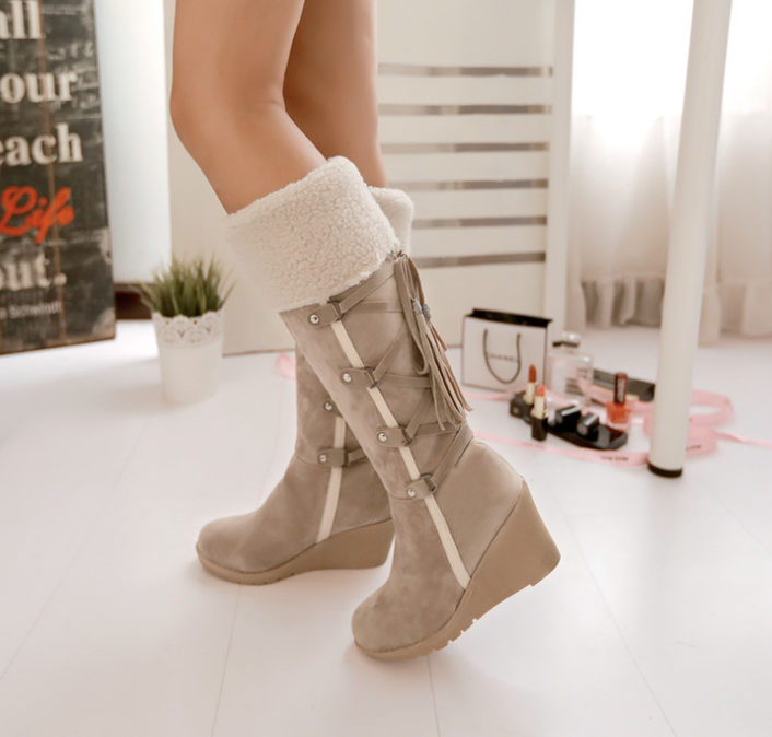Suede Knee Length Boots with Wedge Heel