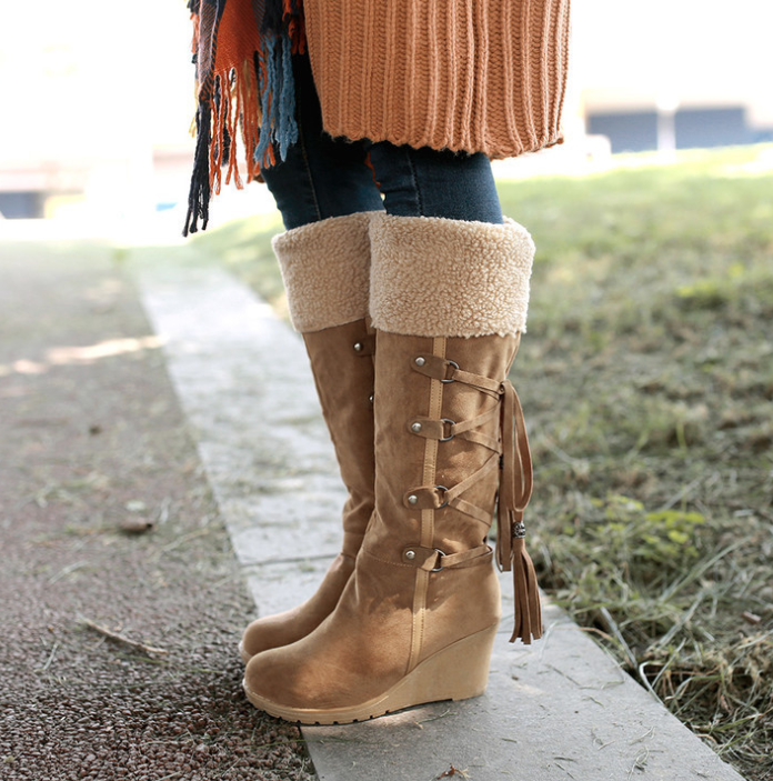 Suede Knee Length Boots with Wedge Heel