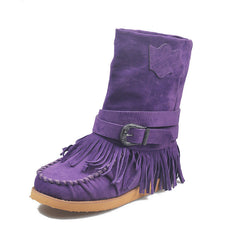 Suede Mid-Calf Moccasin Boots with Tassels