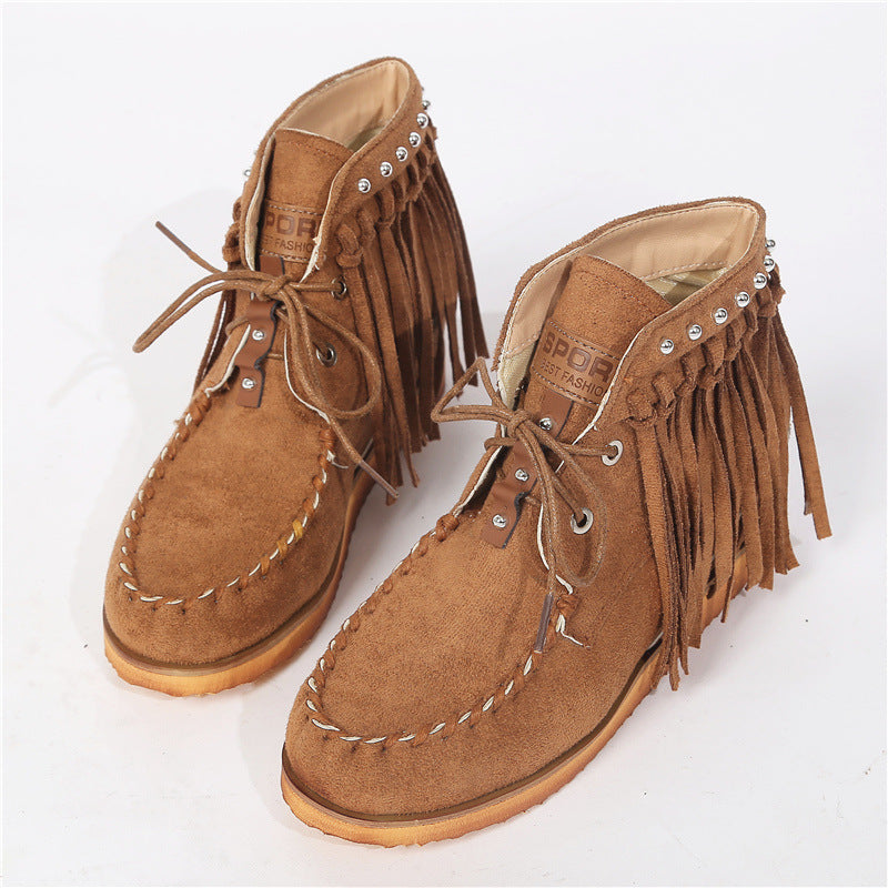 Suede Lace-Up Moccasins with Fringe and Thick Sole in 3 Colors