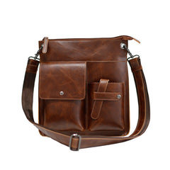 Men's Brown PU Leather Shoulder Messenger Bag with Zipper
