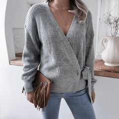 V-Neck Long Sleeve Wrap Knit Sweater with Waist Tie in 4 Colors S-XL