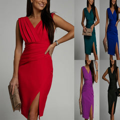 V-Neck Sleeveless High Waist Dress with Side Split in 5 Colors S-3XL