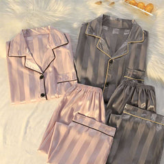Men's and Striped Long Sleeve Silk Pajamas