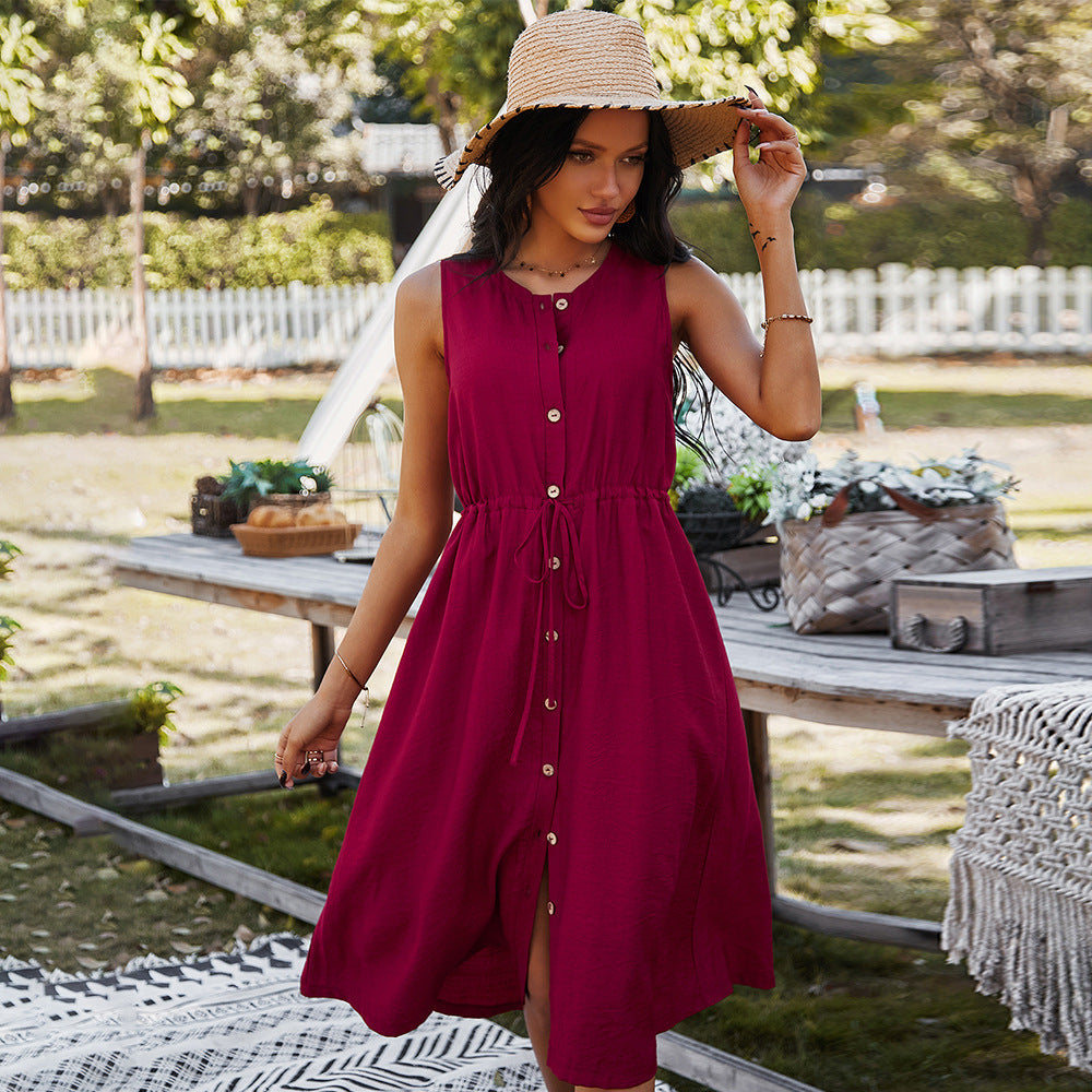 Ärmelloses Midikleid mit Knöpfen und Kordelzug in 5 Farben S-XL