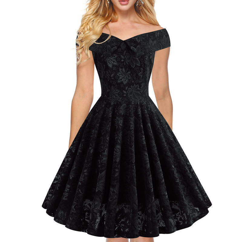 Off-the-Shoulder Lace Midi Dress with Full Flared Skirt in 3 Colors S-XXL