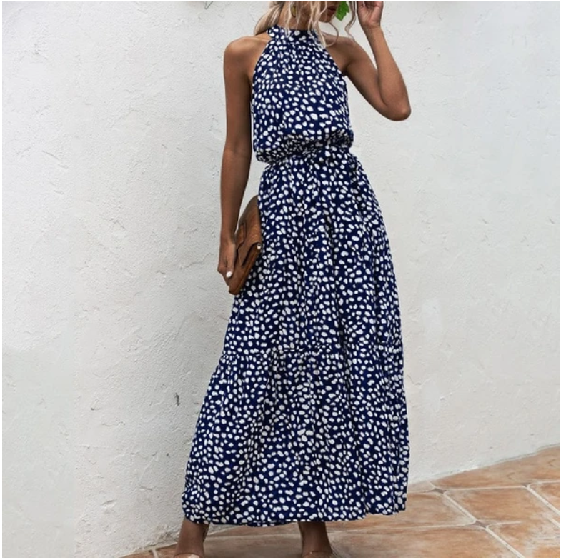 Sleeveless Halter Neck Maxi Dress with Waist Tie in 10 Colors S-XL