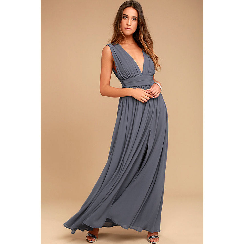 V-Neck Sleeveless Chiffon Gown with Side Slit in 8 Colors XS-2XL