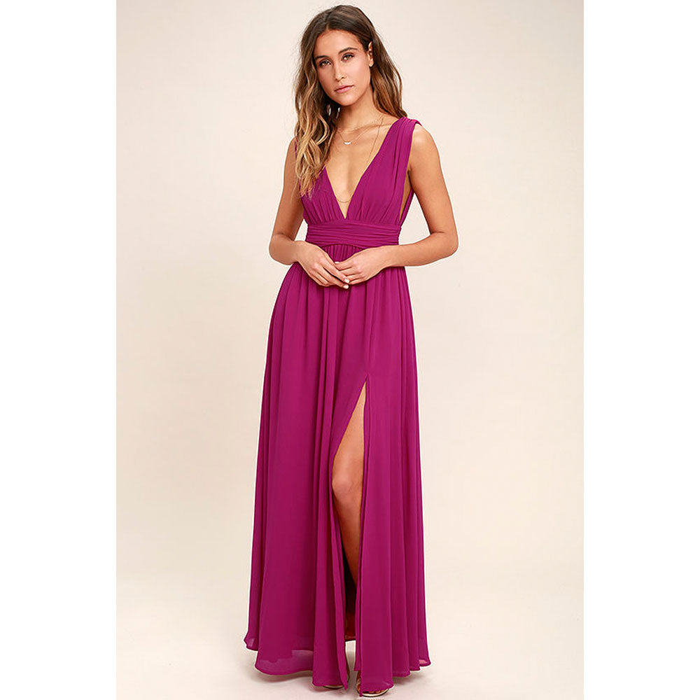V-Neck Sleeveless Chiffon Gown with Side Slit in 8 Colors XS-2XL