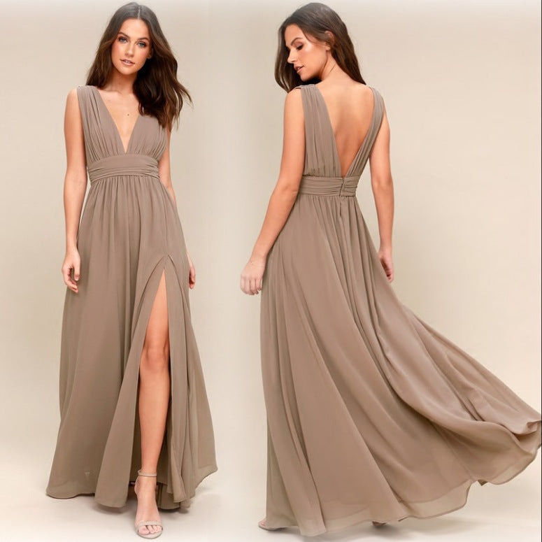 V-Neck Sleeveless Chiffon Gown with Side Slit in 8 Colors XS-2XL