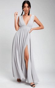 V-Neck Sleeveless Chiffon Gown with Side Slit in 8 Colors XS-2XL