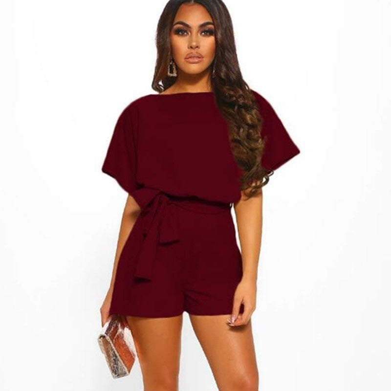Solid Color Short Sleeve Romper with Waist Tie in 4 Colors S-5XL