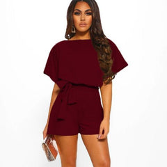 Solid Color Short Sleeve Romper with Waist Tie in 4 Colors S-5XL
