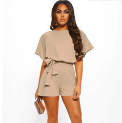 Solid Color Short Sleeve Romper with Waist Tie in 4 Colors S-5XL