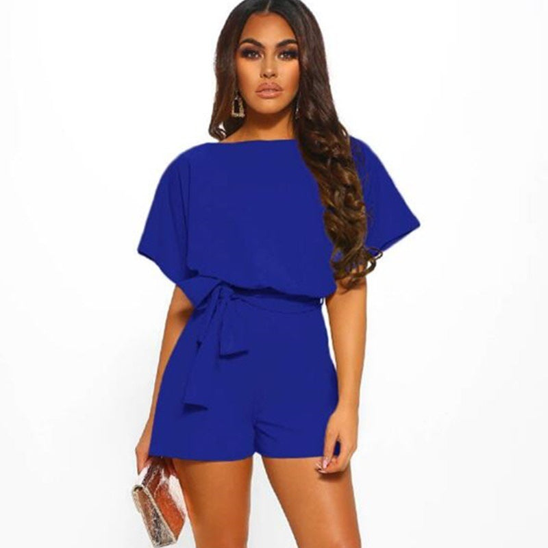 Solid Color Short Sleeve Romper with Waist Tie in 4 Colors S-5XL