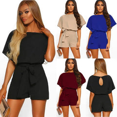 Solid Color Short Sleeve Romper with Waist Tie in 4 Colors S-5XL