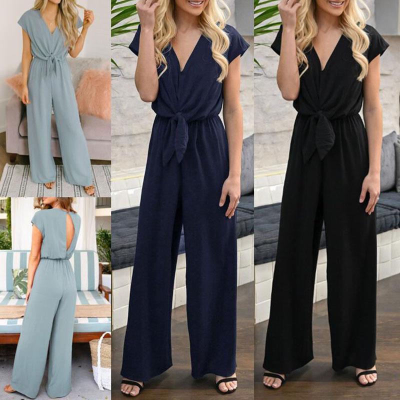 V-Neck Sleeveless Jumpsuit With Waist Tie in 3 Colors S-XL
