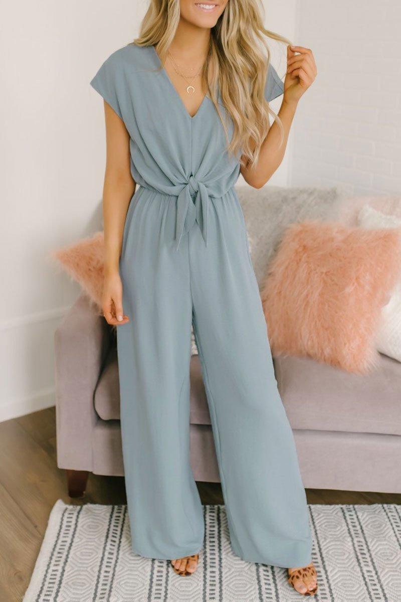 V-Neck Sleeveless Jumpsuit With Waist Tie in 3 Colors S-XL