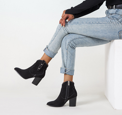 Black Suede Martin Boots with Chunky Heel and Side Zipper