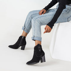 Black Suede Martin Boots with Chunky Heel and Side Zipper