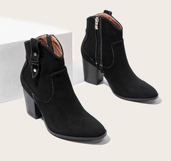 Black Suede Martin Boots with Chunky Heel and Side Zipper