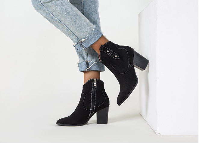 Black Suede Martin Boots with Chunky Heel and Side Zipper